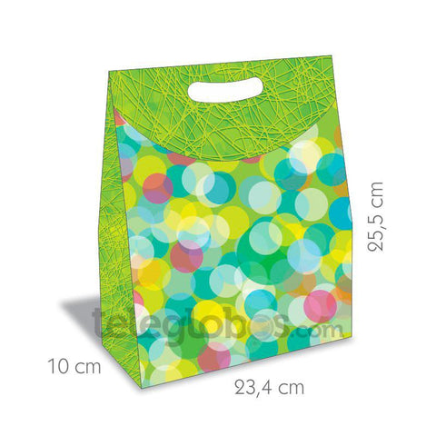 Caja Verde con círculos multicolores. Caja Bo